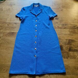 Size 8 St. John Knit Long Sleeve Midi Dress in Blue with gold buttons